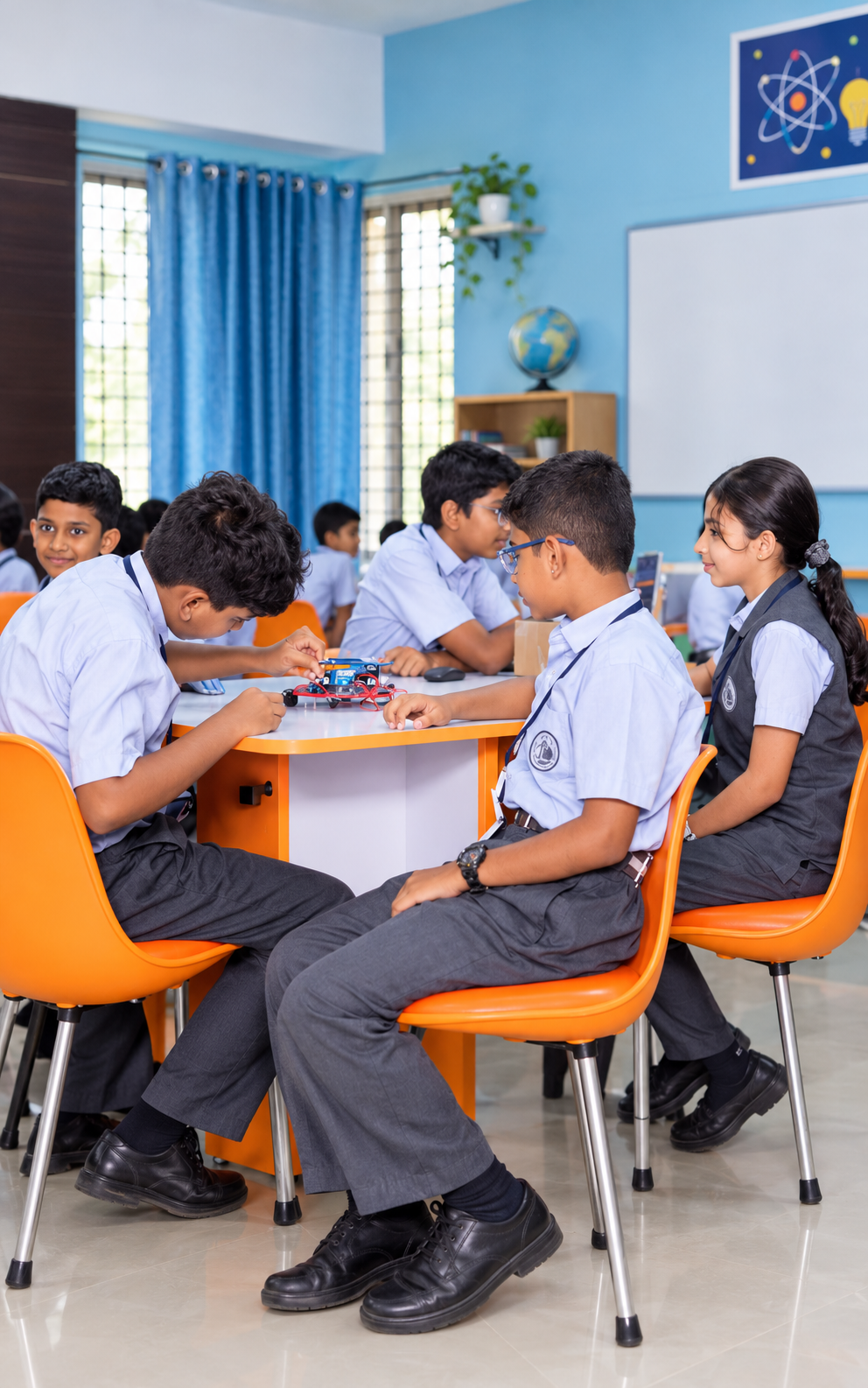 Devamatha students collaborating on a classroom robotics project
