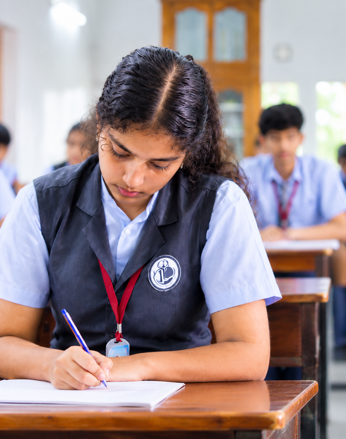 A Devamatha student writing attentively in class