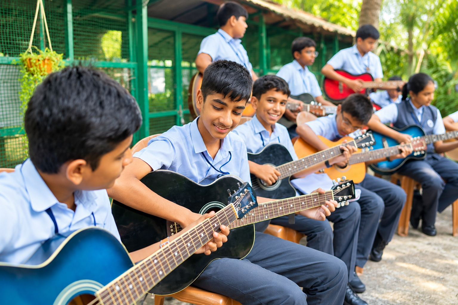 Students practising guitar
