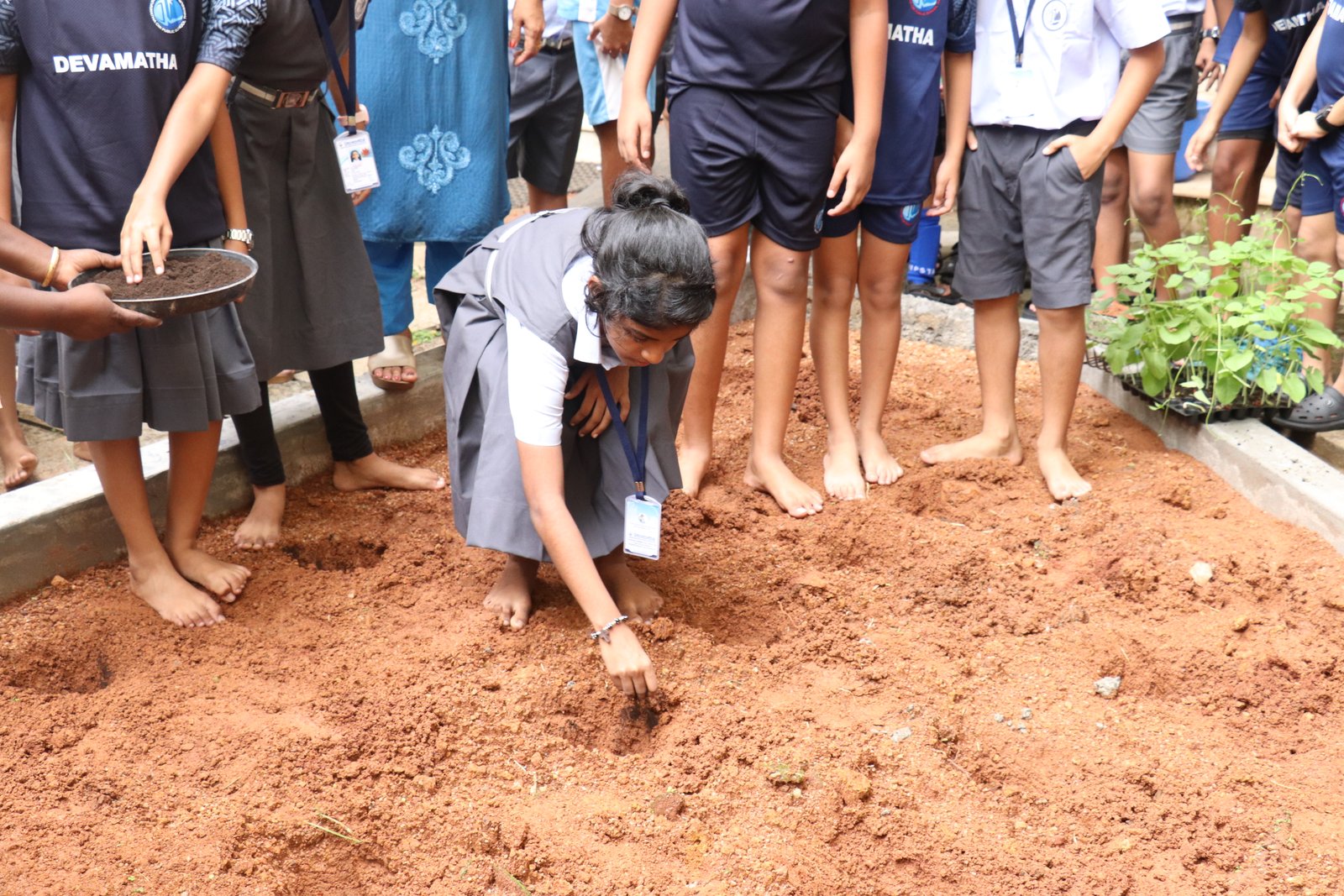 Students and teachers prepare a garden bed together for a hands-on Kaushal Bodh project